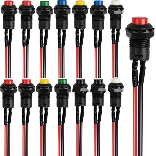 RUNCCI-YUN 14pcs Pulsador 12mm,Pulsadores Electricos Boton,Pulsador Mini,Pulsador Redondo,Interruptor Momentaneo 12v, Para Trompeta De Coche, Pc, Lámpara De Mesa, Timbre De Casa（Con linea）