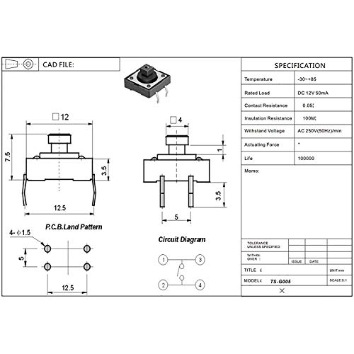 RUNCCI-YUN 80pcs 12 x 12 x 7.3 mm interruptor de botón táctil，micro interruptor，Interruptor táctil momentáneo，con 5 colores Ronda Tapa，Utilizado para PCB