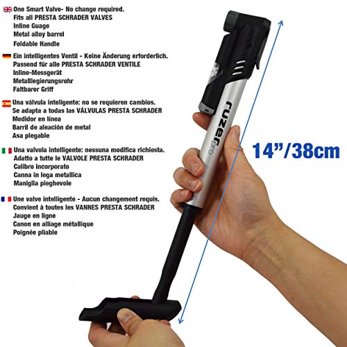 RUZER Mini bomba de aleación de 22,86 cm medidor – Se adapta a Presta Schrader todo en uno 200 PSI 13,7 bar mango plegable extensible – portátil compacto fácil