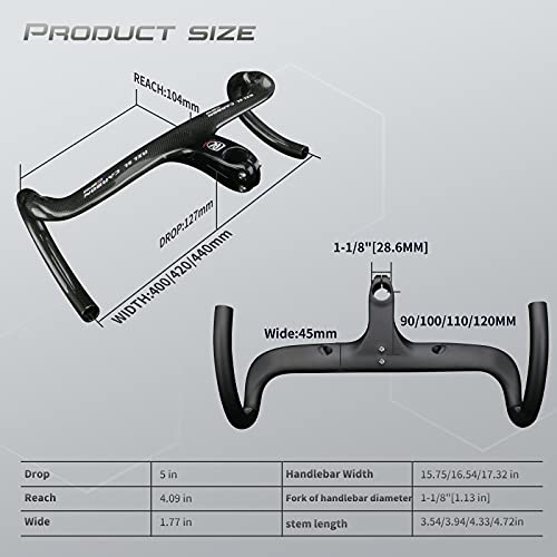 RXL SL 28.6mm Manillar Bicicleta Carretera Carbono 3K Mate Gris enrutamiento Interno Manillar de Carretera 400-100mm