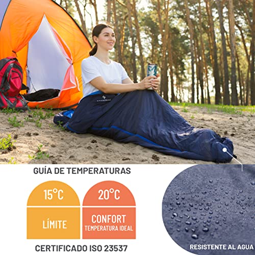 Saco de Dormir I 15 a 20°C Grado I Ultra Ligero, Impermeable I Interior y en el Exterior para el Senderismo, la Acampada y Las excursiones I Azul