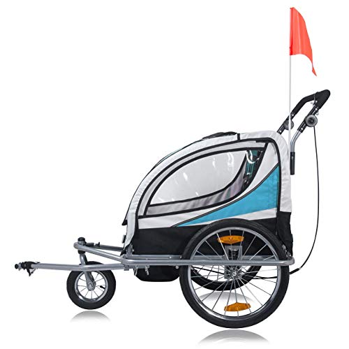 SAMAX Remolque de Bicicleta para Niños 360° girable Kit de Footing Transportín Silla Cochecito Carro Suspensíon Infantil Carro en Azul - Silver Frame