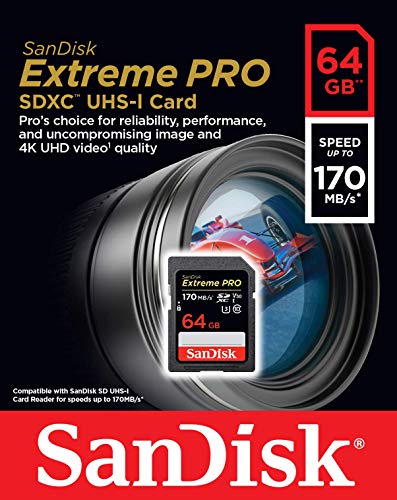 SanDisk Extreme PRO - Tarjeta de Memoria SDXC de 64 GB, hasta 170 MB/s, UHS-I, Class 10, U3,V30