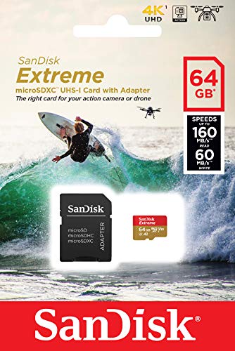 SanDisk Extreme - Tarjeta de memoria microSDXC para cámaras de acción de 64 GB con hasta 160 MB/s, Class 10, U3 y V30