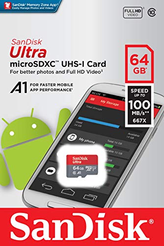 SanDisk Ultra Tarjeta de memoria microSDXC con adaptador SD, hasta 100 MB/s, rendimiento de apps A1, Clase 10, U1, 64 GB, Gris y Rojo