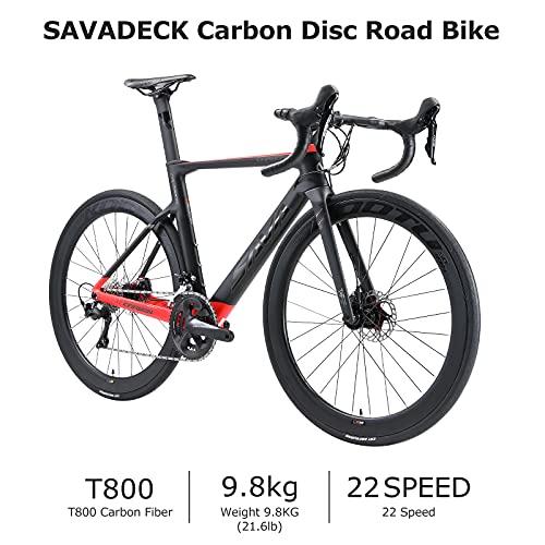 SAVADECK Bicicleta de Carreras de Carbono con Disco, 700C Bicicleta de Carreras de Carbono Completo con Grupo Shimano Ultegra R8020/R8000 22S y Sistema de Freno de Disco hidráulico (Negro-Rojo, 51cm)