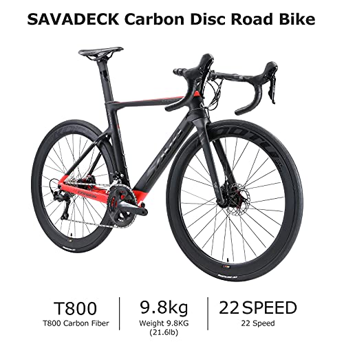 SAVADECK Bicicleta de Carreras de Carbono con Disco, 700C Bicicleta de Carreras de Carbono Completo con Grupo Shimano Ultegra R8020/R8000 22S y Sistema de Freno de Disco hidráulico (Negro-Rojo, 56cm)