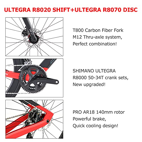 SAVADECK Bicicleta de Carreras de Carbono con Disco, 700C Bicicleta de Carreras de Carbono Completo con Grupo Shimano Ultegra R8020/R8000 22S y Sistema de Freno de Disco hidráulico (Negro-Rojo, 54cm)