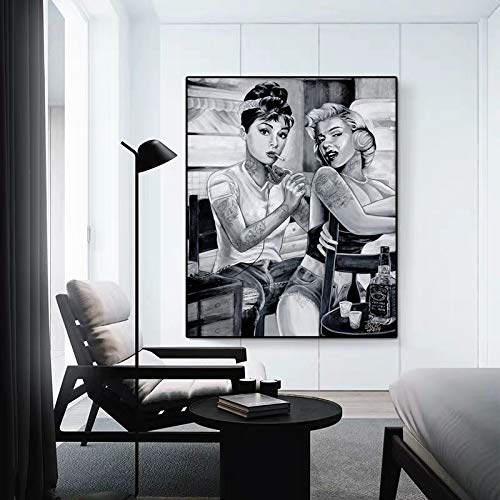 SCLSDF Cuadros En Lienzo Moderna Inicio Lienzos Marilyn Monroe Audrey Hepburn Tattoo Fumar Mujeres 70X90cm  Mural póster Póster Impresiones en Lienzo