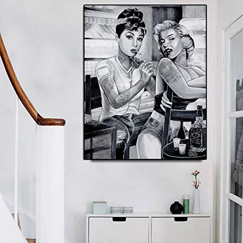 SCLSDF Cuadros En Lienzo Moderna Inicio Lienzos Marilyn Monroe Audrey Hepburn Tattoo Fumar Mujeres 70X90cm  Mural póster Póster Impresiones en Lienzo