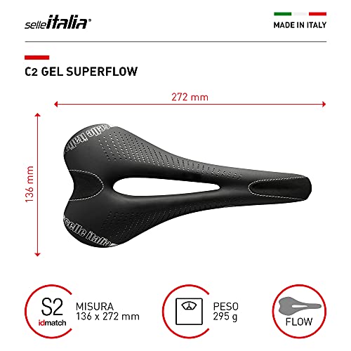 Selle Italia - Sillìn Bicicleta de Carretera C2 Gel Flow, Rail Manganese Tubo Ø7, Sillìn Road Gran Turismo Fibra-tek, Comfort Gel, Amortiguador