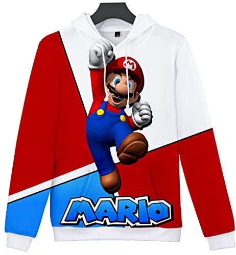 Silver Basic Super Mario Bro Sudadera con Capucha para Niños Divertida Mario Sudadera 3D para Fanáticos de los Videojuegos Jersey de Navidad 140,15Rojo&Blanco-2