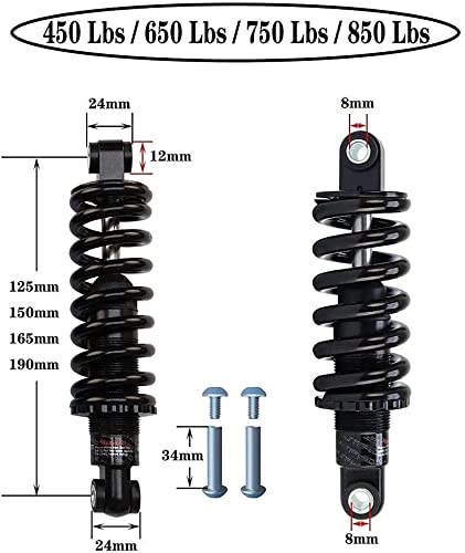 SJHFG Amortiguadores Traseros Bicicleta de montaña Amortiguador Trasero 125mm / 150mm / 165mm / 190mm for MTB XC Bicicleta eléctrica de Cola Suave 450/650/750 / 850lbs Accesorios para Bicicletas