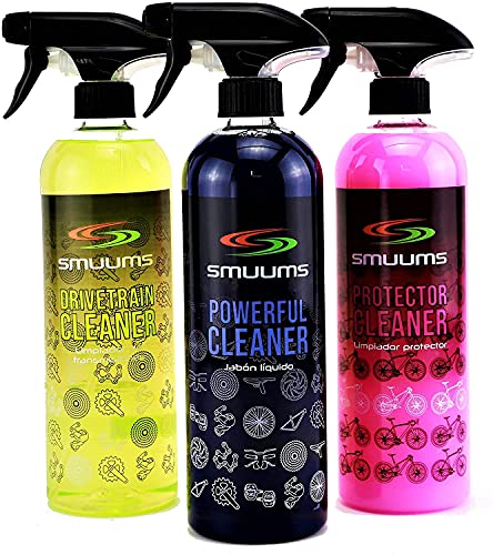 SMUUMS Bike - Pack Desengrasa, Lava y Protege. 3 Limpiadores de 750ml - Mantenimiento Cadena, Cassette, Plato, Cambio, Cuadro, Discos, Suspensiones y Componentes de tu Bicicleta.