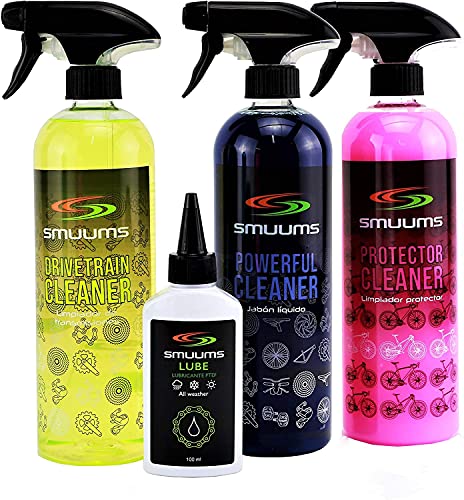 SMUUMS Bike - Pack Mantenimiento Total Bicicleta. 3 Limpiadores de 750ml para Cadena, Cassette, Plato, Cambio, Cuadro, Frenos, Ruedas y componentes + Aceite Lubricante PTFE 100ml.