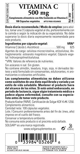 Solgar Vitamina C 500 mg, Función antioxidante, 100 Cápsulas vegetales