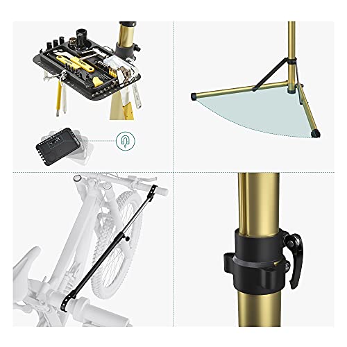 SONGMICS Soporte de Reparación de Bicicletas, Soporte de Taller para Bicicletas con Bandeja Magnética, Telescópicas de Liberación Rápida, Ligero y Portátil, Dorado Champagne SBR004A01