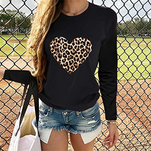 Sudadera de manga larga para mujer, con estampado, jersey de otoño, blusa, tops, parte superior de cuello redondo, informal, túnica casual, estampado de leopardo, forma de corazón, Negro , XXXL