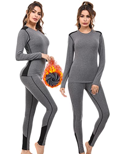 Sykooria Conjuntos Térmicos para Mujer Ropa Interior Deporte Térmica de Invierno Camiseta Manga Larga y Leggins Esquí Correr Fitness Ciclismo - Gris-Negro L