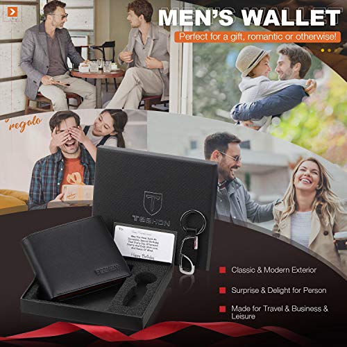 TEEHON Cartera Hombre, Cartera RFID, Cartera Cuero Hombre con 10 Tarjetas (Incluye 1 ID), 2 Compartimentos para Billetes, 1 Bolsillo para Monedas con Botón, Llavero y Regalo de Caja - Naranja Negro