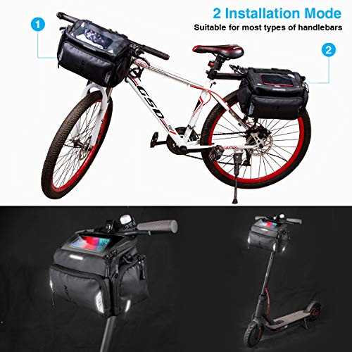 TEUEN Bolsa Manillar Bicicleta Impermeable Bolsa Delantera Bici Montaña con Pantalla Táctil para Movil GPS, 4L Bolsas para Manillar de Bicicleta Carretera con Cubierta de Lluvia y Reflectante (Negro)