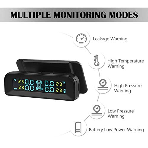 TPMS Sistema de Presión de Neumáticos para Coche Inalámbrica de Seguridad Energía Solar con 4 Sensores Externos Carga USB Pantalla LCD en Tiempo Real Presión y Temperatura de 4 Neumáticos