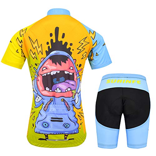 Traje Ciclismo Niño Verano, Transpirable y elástico Maillot Ciclismo y Pantalon para MTB, Ropa Ciclismo para Bicicleta de Carretera (XS, Risa)