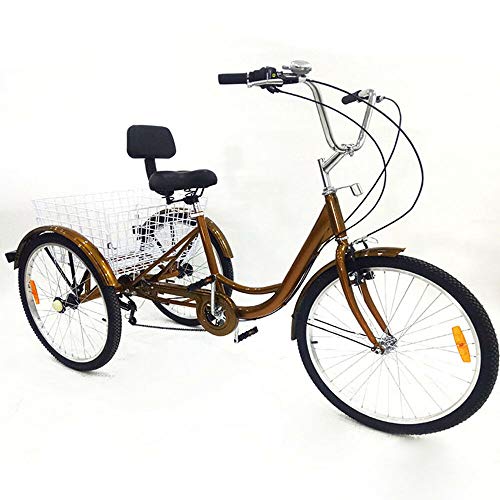 Triciclo para adultos, 24 pulgadas, 6 velocidades, 3 ruedas, para personas mayores, con respaldo, triciclo para adultos con cesta, color dorado
