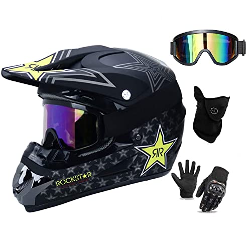 UIGJIOG Casco Descenso Hombre, Negro/Rockstar - Adulto Casco Motocross Enduro MTB con Gafas/Máscara/Guantes, Casco Cross Quad Off Road ATV Scooter,S(52~53cm)