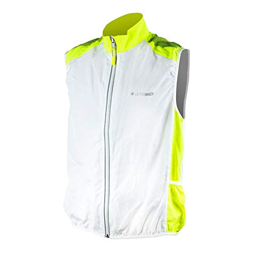 ULTRANNER - BULNES | Cortavientos Sin Mangas para Hombre - Chaleco Cortavientos Reflectante Apto para Trail Running Ciclismo Senderismo y Más - Color Blanco y Amarillo Para Más Visibilidad - Talla L