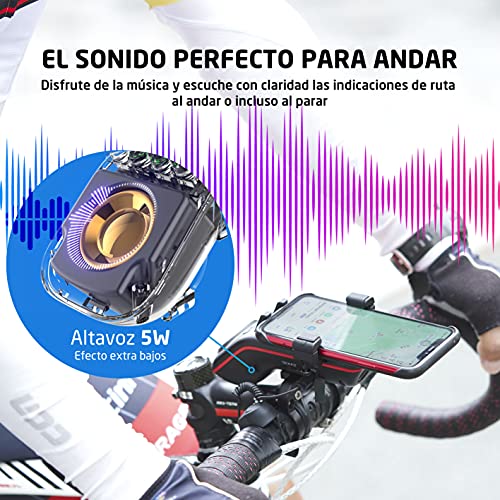 UPCARE Altavoz Bluetooth Bicicleta Multifunción 10 en 1 - Soporte Movil Bicicleta – Luz LED – Cargador Portátil – Timbre – Micrófono – Modos TF/SD/AUX – para Bicis de Carretera y Montaña