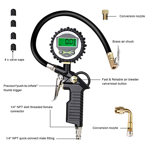 URAQT Manometro Presion Neumaticos, Manómetro Digital con Pantalla LCD, Manómetro de Neumáticos, Medidor de Presión de Neumáticos con Manguera y Acoplador para Motocicleta, Bcicleta y Coche