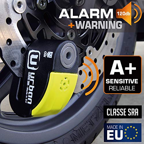 urban UR10 Candado Antirrobo Moto Disco con Warning y Alarma 120dba, Alta Seguridad Homologado CLASSE Sra, Doble Cierre 10 mm, Made in EU