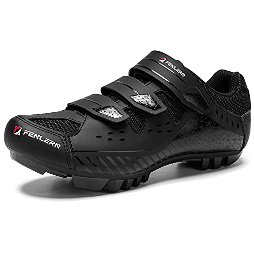 URDAR Zapatillas Ciclismo MTB Hombre Transpirable Zapatos MTB Antideslizante Zapatillas Bicicleta de Montaña 3Hook&Loop(Negro Puro,43 EU)