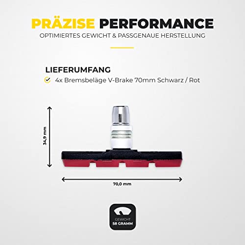 V-Brake Zapatas Freno 2 Par 70mm Symmetric I para Shimano, Tektro, Avid, Sram, XLC etc I Alto Rendimiento I Durable & Ajuste V Pastillas de Freno Bicicleta