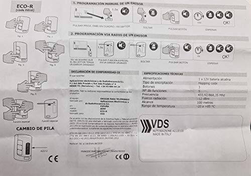 VDS Eco R Mando Garaje Frecuencia 433Mhz 5 Canales Código Evolutivo Compatible Puertas Garaje Y Motores VDS