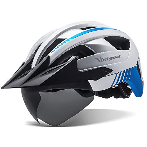 VICTGOAL Casco Bicicleta Casco de MTB con Gafas de Seguridad Magnéticas Extraíbles Visor Desmontable Casco Ligero para Adultos (Plata)