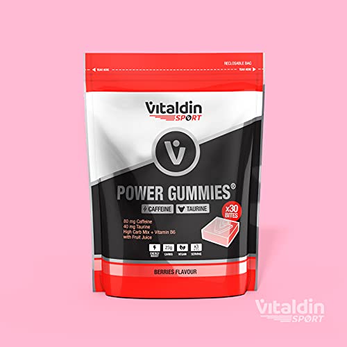 VITALDIN SPORT Power Gummies Caffeine & Taurine – Energía rápida y sostenida – 80 mg Cafeína, 40 mg Taurina por serving + Vitamina B6 – Doypack de 30 Bites de gominola – Sabor frutos rojos – Vegano