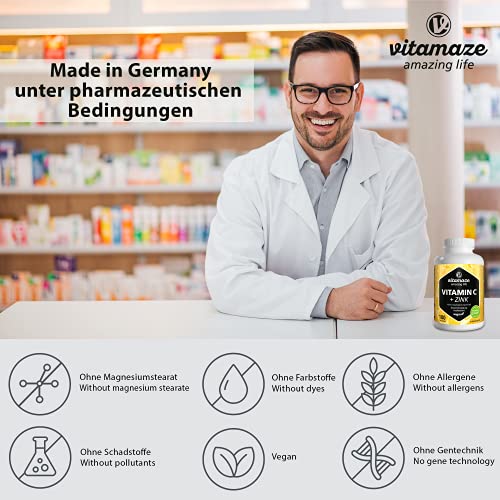 Vitamaze® Vitamina C 1000 mg + Zinc, 180 Comprimidos Vegana para 6 Meses, Reducen Fatiga y Fortalecen el Sistema Inmunológico, Natural Pura Suplemento sin Aditivos Innecesarios, Calidad Alemana