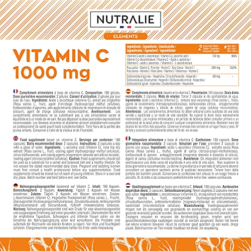 Vitamina C 1000 mg Pura Vegana por dosis | Para Cansancio y Fatiga, Sistema Inmunológico y Antioxidante con Escaramujo y Bioflavonoides sin Aditivos | 180 Cápsulas Veganas Nutralie