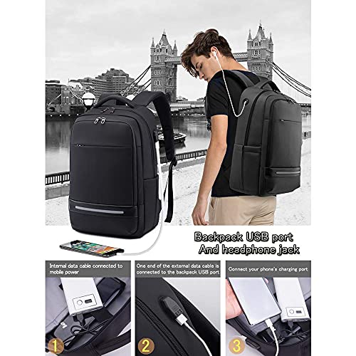 Vodlbov Mochila para Ordenador Portátil Impermeable Antirrobo Unisex 17 Pulgadas, Mochila Hombre de Gran Capacidad con Puerto USB para Estudio, Viajes, Trabajo, Ocio o Actividades al Aire Libre Negro