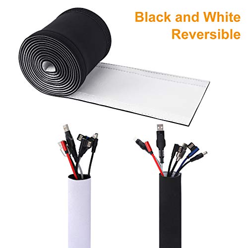 VoJoPi Organizador Cables, 300cm Flexible Funda Cubre Cables de Neopreno +300cm Bridas para Cables,Organizador de Cables de para Recoge TV, PC Cables - Reversible en Blanco y Negro - (∅ 2,5 cm)