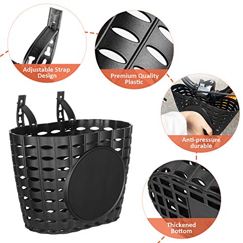 VOSAREA Cesta para bicicleta infantil, cesta para manillar, cesta de plástico, cesta delantera para niños, niñas, niños, accesorios para bicicleta, talla M, color negro