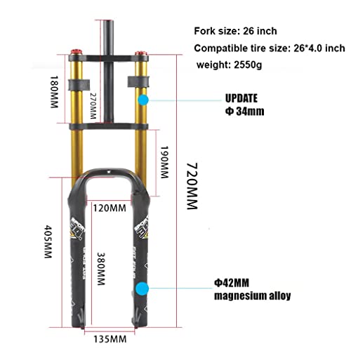 VPPV Horquillas de Suspensión MTB 26 Pulgadas, Descenso Doble Horquilla para Moto Nieve/ATV 135mm Bicicleta Montaña Amortiguador Horquilla DH/Am para Neumáticos 4.0 (Size : 26 ER)