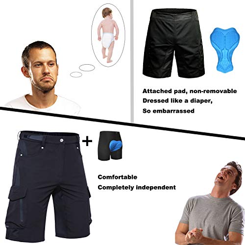 Vzteek Pantalón de ciclismo para hombre con acolchado de secado rápido, para bicicleta de montaña, Negro , L