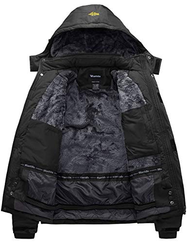 Wantdo Chaqueta de Esquí Impermeable Montaña Chaqueta Aislada con Vellón Cálida Invierno Chaqueta de Nieve con Capucha Abrigo Snowboard para Exteriores para Hombre Negro Small