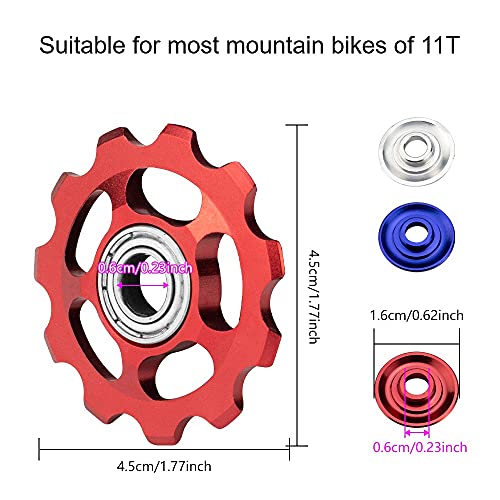 XAVSWDE 3 uds Roldanas de Cambio Trasero 11 Dientes Ruedas de Cambio MTB Roldanas de Aleación de Aluminio Roldanas de Tensión con Agujeros Roldanas para Bicicletas de Montaña(Azul, Rojo y Plateado)