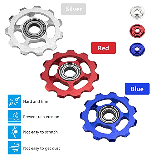 XAVSWDE 3 uds Roldanas de Cambio Trasero 11 Dientes Ruedas de Cambio MTB Roldanas de Aleación de Aluminio Roldanas de Tensión con Agujeros Roldanas para Bicicletas de Montaña(Azul, Rojo y Plateado)