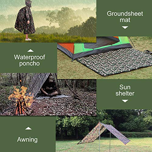 Yesloo Poncho impermeable extra largo multifuncional 3 en 1, impermeable unisex, alfombrilla para el suelo de la tienda, lona para sombrilla, capa impermeable de camuflaj, camping (Camuflaje)