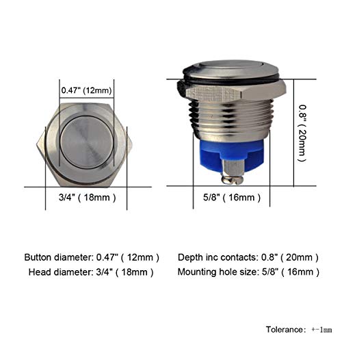 YGL 5 Piezas Momentáneo Pulsador de Botón Metálico Interruptores Acero Inoxidable Impermeable Plana Top ON/OFF Pulsador Plata,para 16 mm Agujero de Montaje